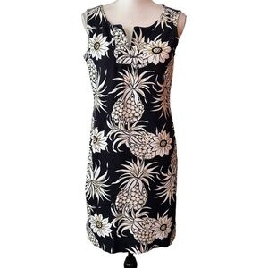 Talbots Pineapple Floral Print Sleeveless Jersey Knit Sheath SZ Small Black